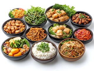 A delicious and healthy assortment of Asian cuisine dishes is beautifully arranged on a white background for a restaurant menu or cookbook.