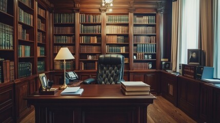 A professional law firm office interior with dark wood furniture, traditional decor, and a library-like ambiance