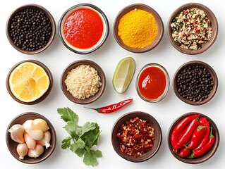Naklejka premium A vibrant collection of spices herbs and sauces arranged in small bowls on a white background perfect for culinary blogs and recipe websites.