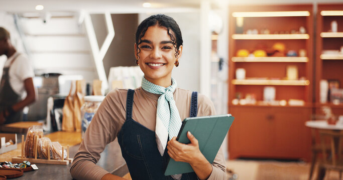 Tablet, smile and waitress with woman in cafe for inventory checklist, restaurant stock order and sales. Hospitality, store and menu planning with portrait of person in coffee shop with happy hostess