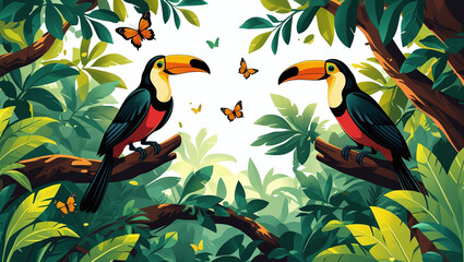 "High-resolution wallpaper of the Amazon rainforest featuring colorful toucans and vibrant butterflies fluttering among deep green and rich brown tones."