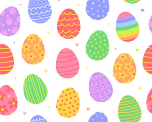 Seamless pattern for Easter day. Various colored Easter eggs with patterns on a white background. Cute illustration, pastel colors.