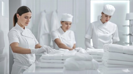 Obraz premium Hotel maids working in unison to maintain cleanliness and room preparation.