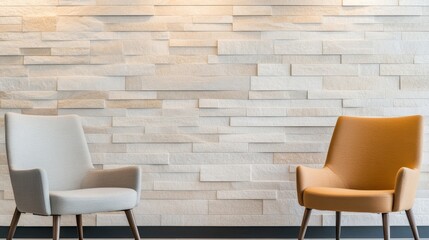 Obraz premium Executive lounge with polished stone wall tiles, soft indirect lighting, stylish setting