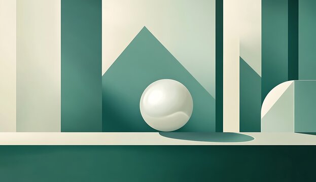 Abstract background,Abstract shapes in green and blue, with an illustration of the white shape of a marble ball floating above them