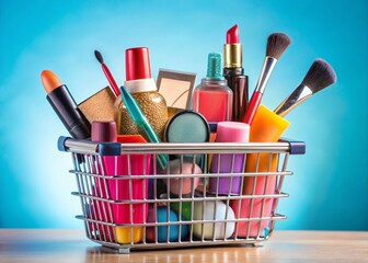 Fototapeta premium Shopping Basket Overflowing with Cosmetics & Beauty Products - Plenty of Copy Space