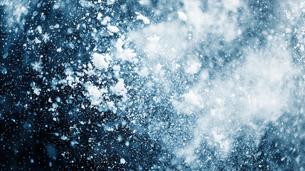 dynamic close up of snow particles in motion, creating frosty and energetic winter atmosphere with icy textures and cold blue tone