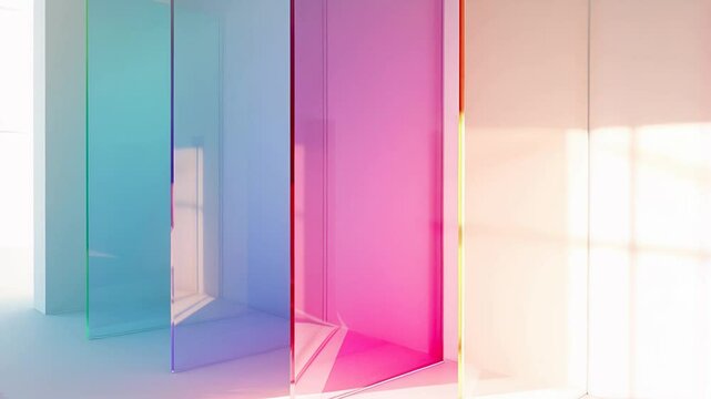 Abstract geometric background with transparent glass blocks made of plexiglass in pink and blue tones. Futuristic neon copyspace banner. Modern technologies. Horizontal banner for template design.