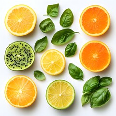 A vibrant flat lay showcases halved citrus fruits like oranges lemons limes and kiwi with fresh basil leaves arranged on a white background.