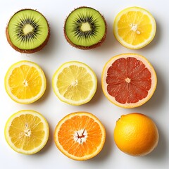 Obraz premium A vibrant flat lay showcasing halved kiwi, lemon, orange, and grapefruit slices arranged neatly on a white background.