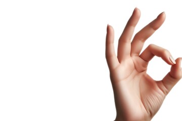 Woman's hand making ok gesture on white background.