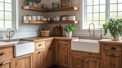 Cozy rustic farmhouse kitchen corner with wooden cabinets, open shelves, and a large ceramic sink, embodying country charm