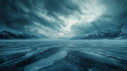 Fototapeta premium vast frozen lake under dramatic cloudy sky, surrounded by snow covered mountains, with swirling winds creating intense winter atmosphere