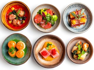 Six gourmet small plates of delicious restaurant appetizers are artfully arranged on a white background for a food blog or menu.