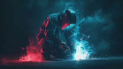 Skilled Welder in Protective Gear Performing Welding Work in Dark Environment with Colorful Sparks and Smoke Effects for Industrial Themed Stock Photography