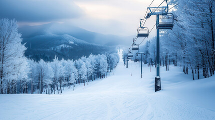 Obraz premium serene snow covered ski resort with empty chairlifts, frosty trees, and peaceful mountain backdrop under soft, cloudy sky