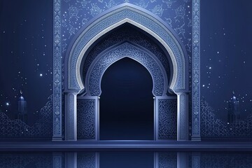 Fototapeta premium Intricate islamic archway design in deep navy and silver with stellar accents