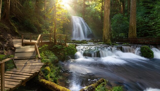 A serene forest scene with a wooden bridge and a waterfall under sunlight