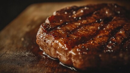 Close-up of a grilled steak on a wooden cutting board.