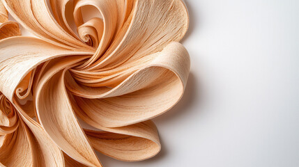 Wood shavings arranged in artistic swirl on white background, showcasing natural texture and elegance