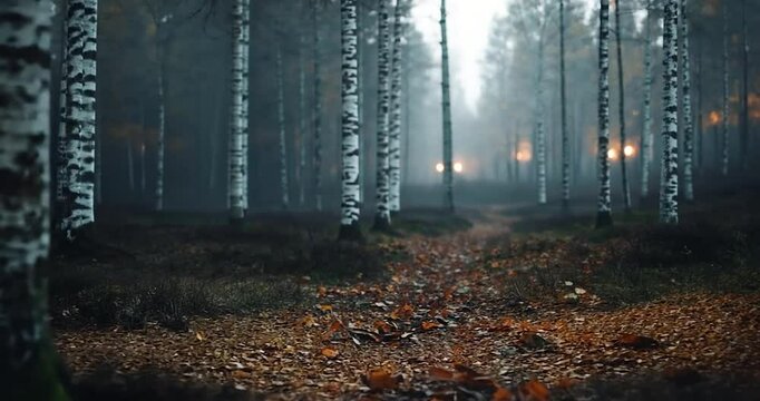Eerie forest scene featuring multiple generic trees with distinctive white bark and dark foliage scattered across the forest floor creating mysterious atmosphere