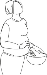 One continuous single drawing line art flat doodle mother, woman, kitchen, pregnant, baking, cooking. Isolated image hand draw contour on a white background, hand drawn, not AI