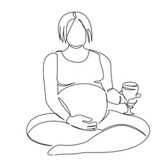 One continuous single drawing line art flat doodle pregnant, woman, wine, drinking, holding, one person. Isolated image hand draw contour on a white background, hand drawn, not AI