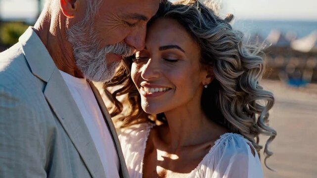 cinematic close-up of an elegant elderly couple standing together on a sunlit promenade near the coast, their foreheads gently touching as they share a quiet, intimate moment.  
