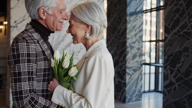 cinematic close-up of an elegant elderly couple standing close together, their foreheads gently touching as they share a quiet, intimate moment. 