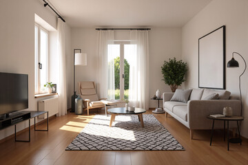 Fototapeta premium Bright Modern Living Room with a Gray Sofa, Wooden Coffee Table, and Large Windows Allowing Natural Light to Enhance a Cozy and Minimalist Interior Space
