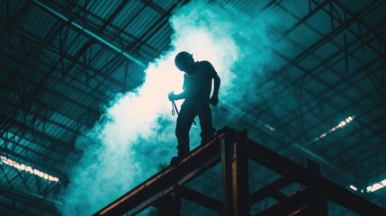 Dramatic Silhouette of a Worker in a Warehouse Surrounded by Smoke, Highlighting Industrial Labor and Safety Measures within an Engaging Atmosphere