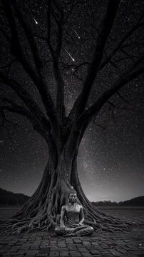 Serene Buddha Statue Meditating Under a Majestic Tree Beneath a Starry Sky - buddha sitting under a bodhi tree