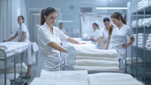 Skilled housekeeping staff folding towels and organizing hotel linens with care.