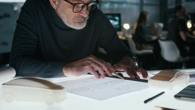 Medium closeup of senior Caucasian male industrial designer working on sketch of new crossover sedan car, carefully drawing on paper on light table with pencil and ruler