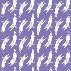 Seamless pattern with white rabbit on purple background. Easter bunny illustration wallpaper.