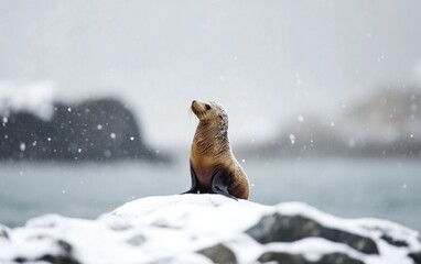 Fototapeta premium Northern Fur Seal Pup on Snowy Rock by Ocean
