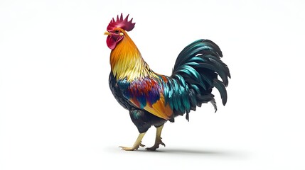 Fototapeta premium Majestic rooster displaying vibrant plumage standing against a white background