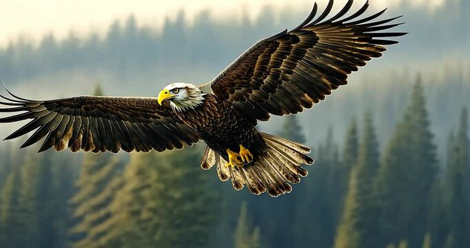 Majestic eagle soaring over dense forest trees against a soft focus background of a misty landscape, showcasing freedom in nature