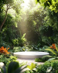 A white circular podium surrounded by lush greenery, set against the backdrop of an enchanted forest with towering trees and vibrant foliage.