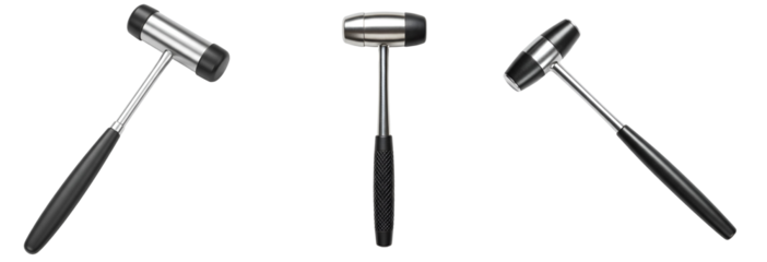 Three medical reflex hammers displayed in a studio setting isolated transparent background