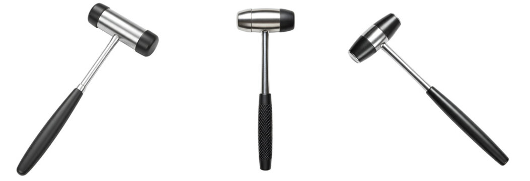 Three medical reflex hammers displayed in a studio setting isolated transparent background
