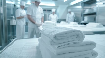 Skilled housekeeping staff folding towels and organizing hotel linens with care.
