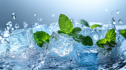 Fresh mint leaves on ice cubes with water splashes