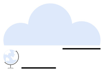 Globe with rotation arrows beneath a large blue cloud and placed alongside two horizontal black lines. Ideal for cloud computing, global communication, data transfer, online storage, digital
