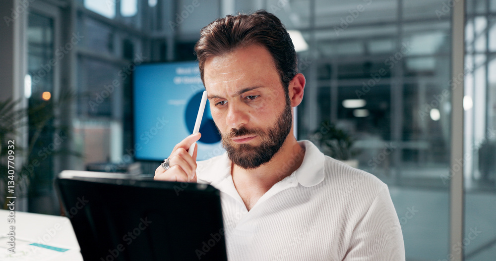 Aufkleber thinking, business man and tablet in office for problem solving or reading in startup. technology, s