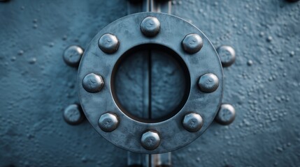Close-up of a reinforced pipeline flange with securely fastened bolts. Defined industrial textures with sharp mechanical lines.