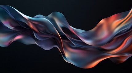 3D render of an abstract, colorful wave shape with a wavy, flowing cloth-like texture, set against a dark background. The shapes are fluid and soft, with smooth curves and an elegant design. 