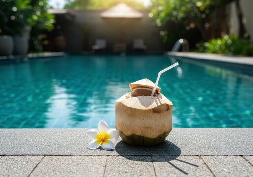 Refreshing coconut beverage with a tropical flower near a swimming pool in Asia