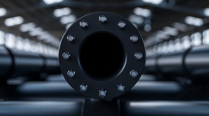 Heavy-duty steel pipe with thick flange and securely locked bolts. High-resolution material details and sharp industrial lighting.