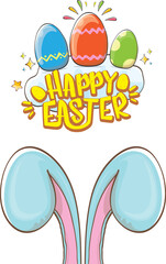 Fototapeta premium Easter bunny with calligraphic text happy easter isolated on white background. Vector cartoon Happy Easter greeting card and banner with blue rabbits ears